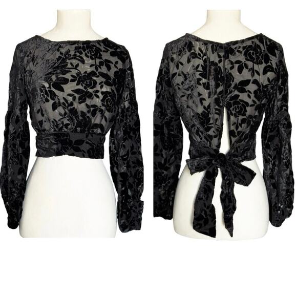 Lioness Eastside Sheer Black Velvet Floral Cropped Top Women’s Small - Picture 1 of 12
